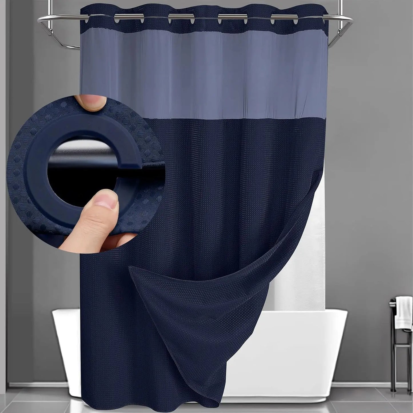 No Hook Shower Curtain with Snap-In Liner – Waterproof Double-Layer Hotel Style Fabric Curtain