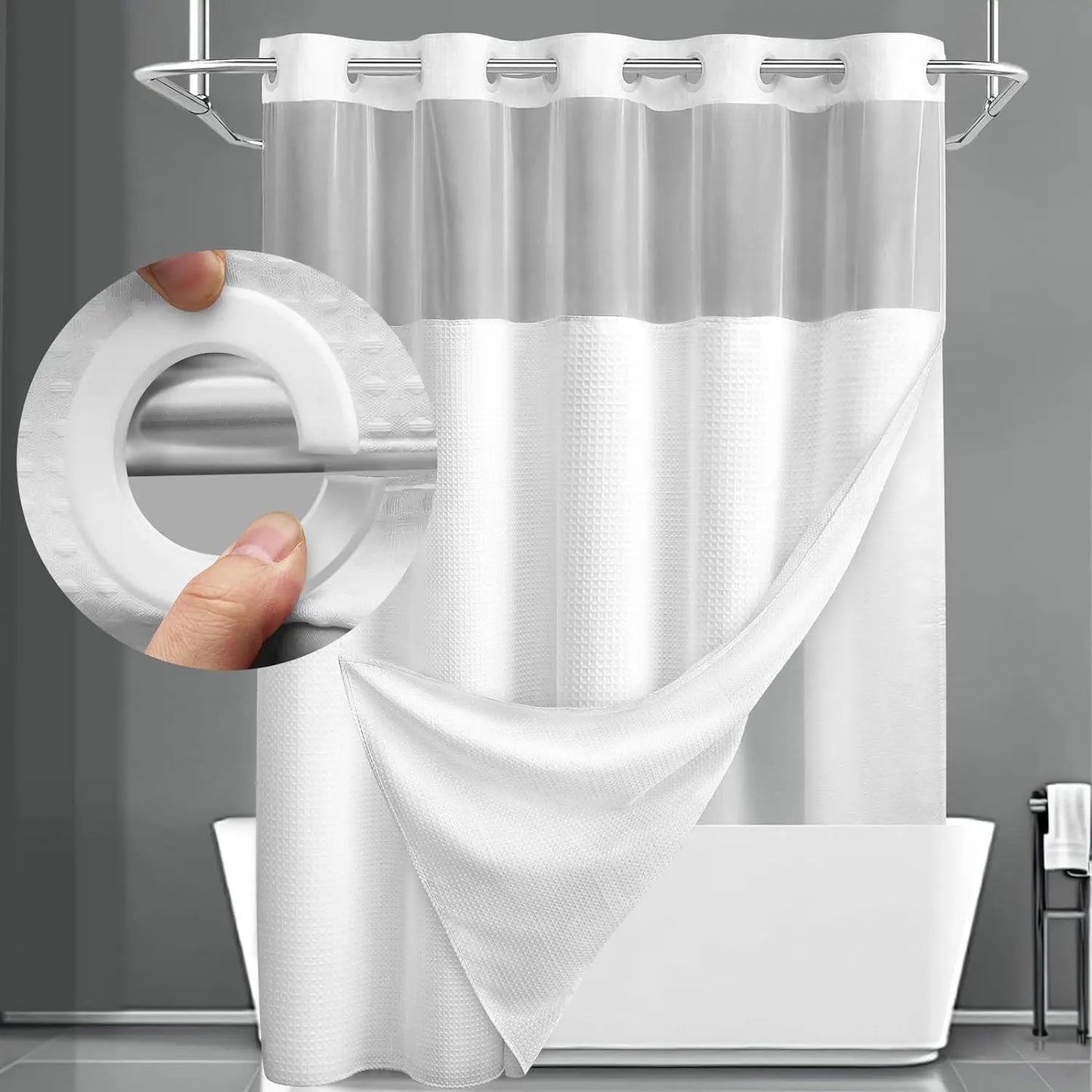 No Hook Shower Curtain with Snap-In Liner – Waterproof Double-Layer Hotel Style Fabric Curtain