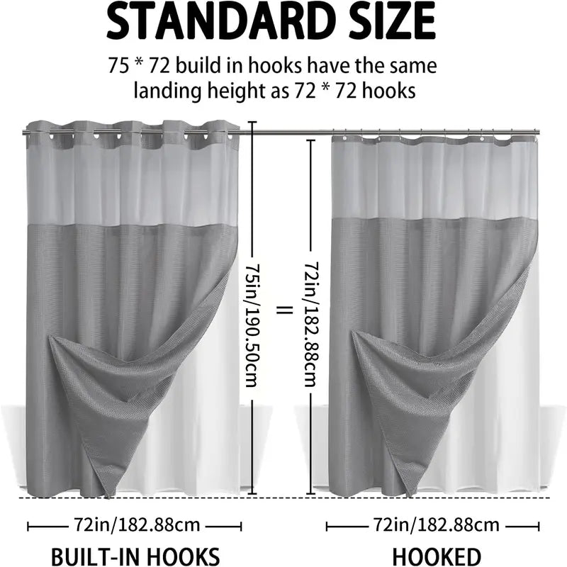 No Hook Shower Curtain with Snap-In Liner – Waterproof Double-Layer Hotel Style Fabric Curtain