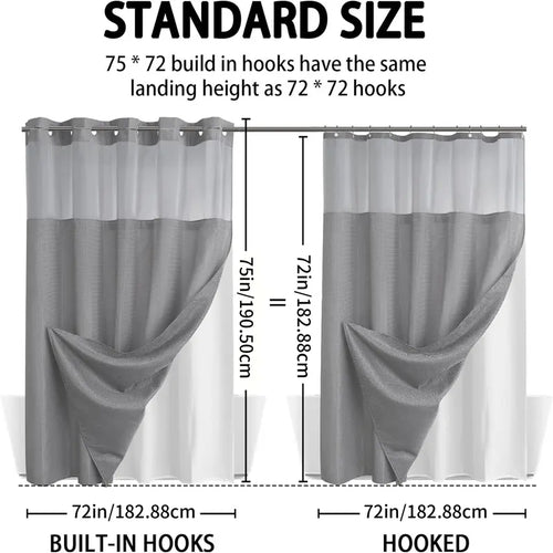 No Hook Shower Curtain with Snap-In Liner – Waterproof Double-Layer Hotel Style Fabric Curtain