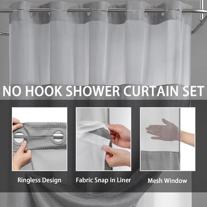 No Hook Shower Curtain with Snap-In Liner – Waterproof Double-Layer Hotel Style Fabric Curtain
