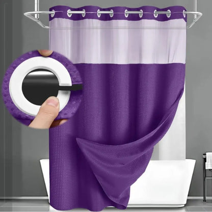 No Hook Shower Curtain with Snap-In Liner – Waterproof Double-Layer Hotel Style Fabric Curtain